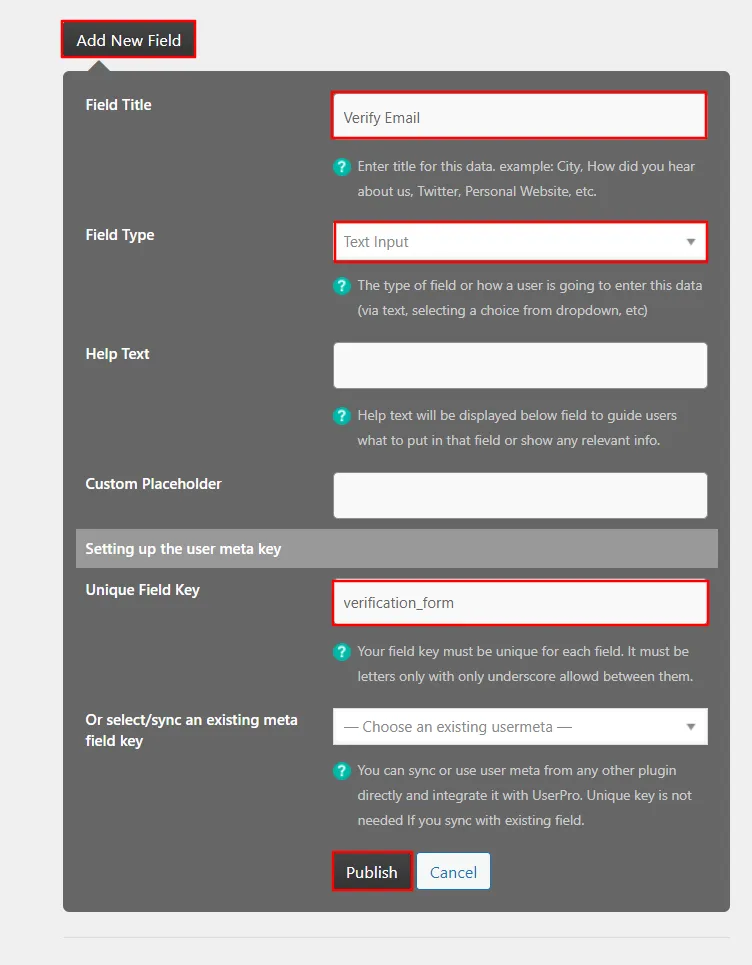 WordPress UserPro form - click publish button