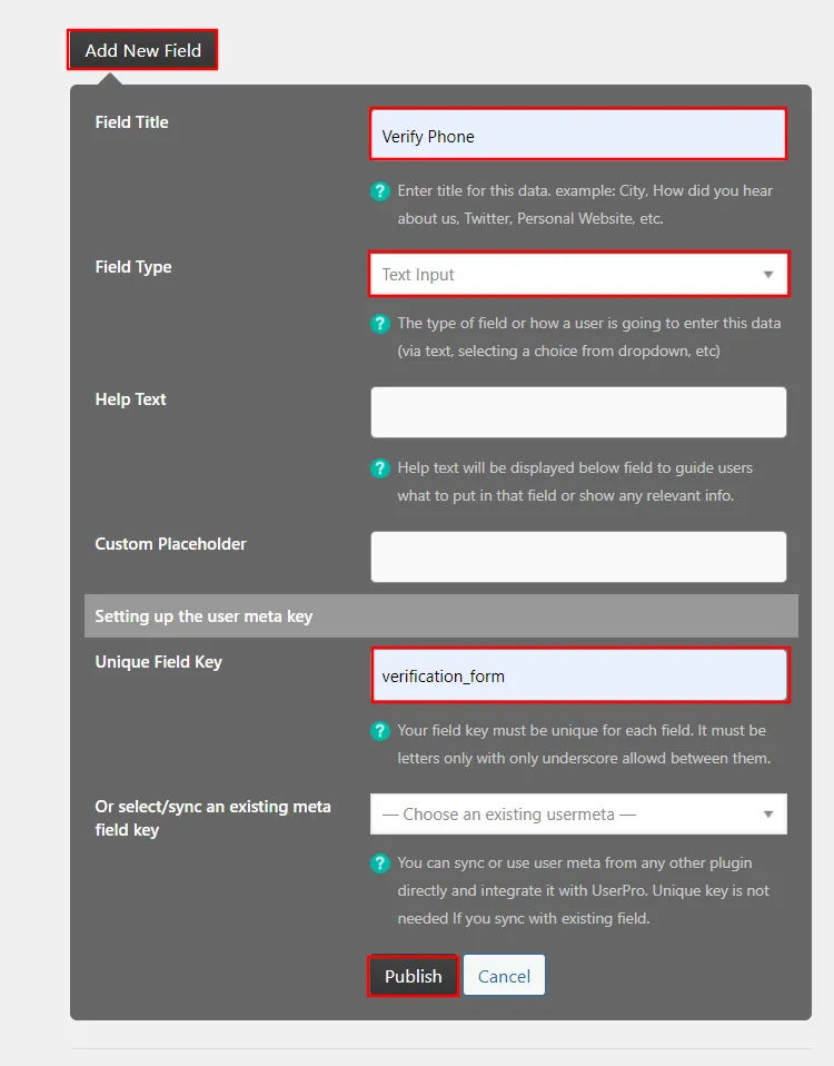 WordPress UserPro form - click publish button