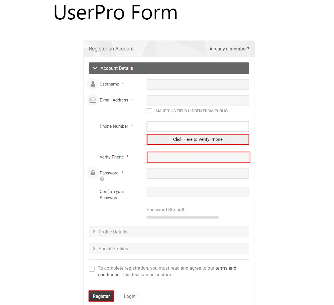 WordPress UserPro form - Click Register button