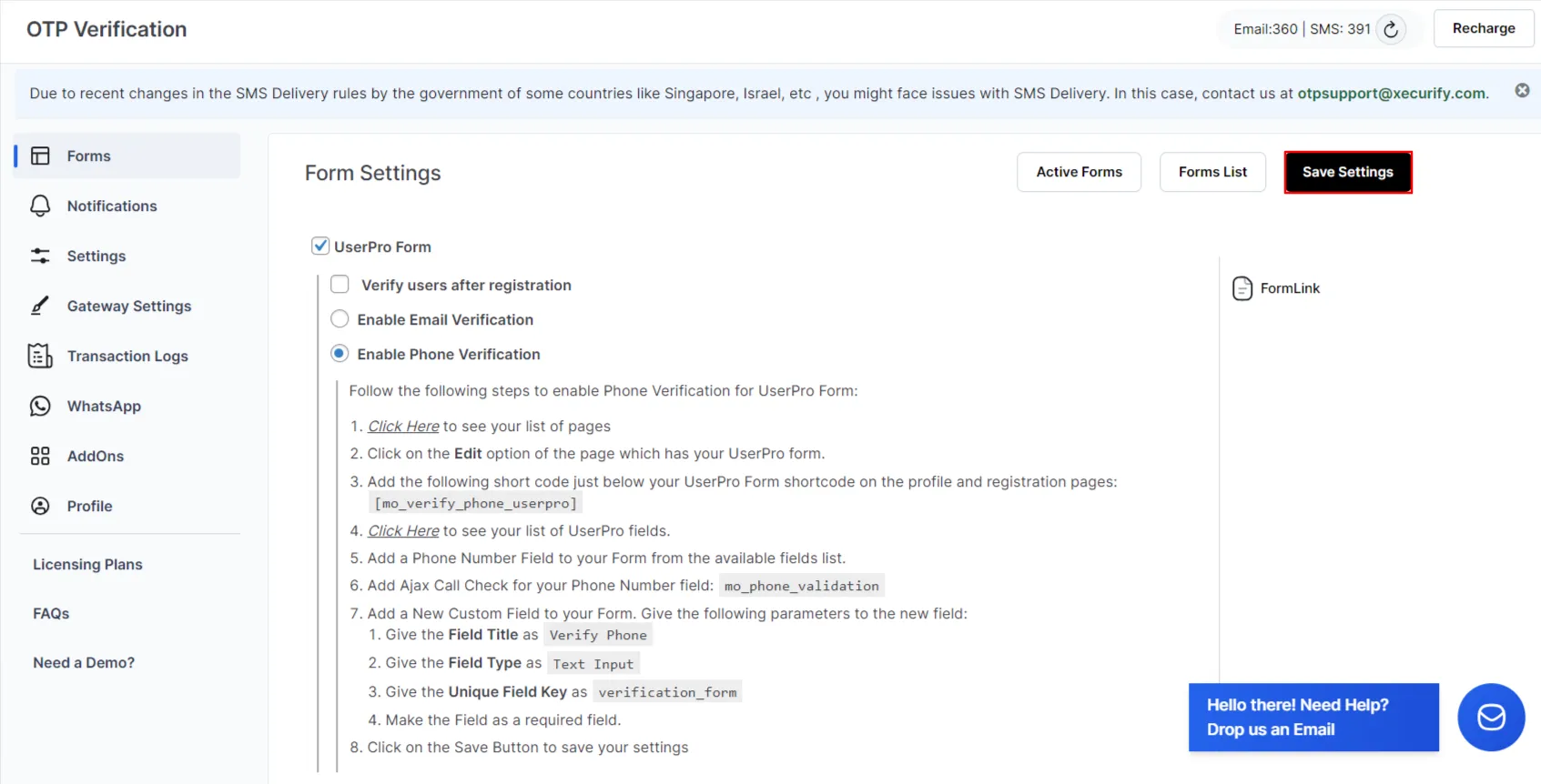 WordPress UserPro form - click save settings button