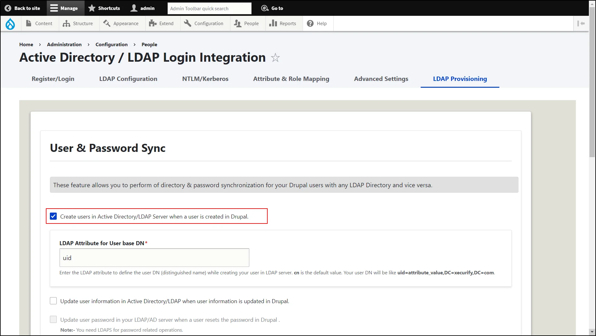 Drupal LDAP and Active Directory - Enabling the checkbox of Create user in Active Directory/LDAP Server