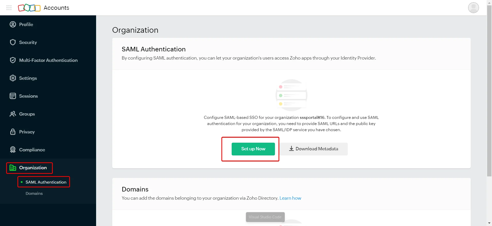 Drupal-SAML-IdP-Zoho-Navigate-SAML-Authentication-Haga clic en el botón Configurar ahora