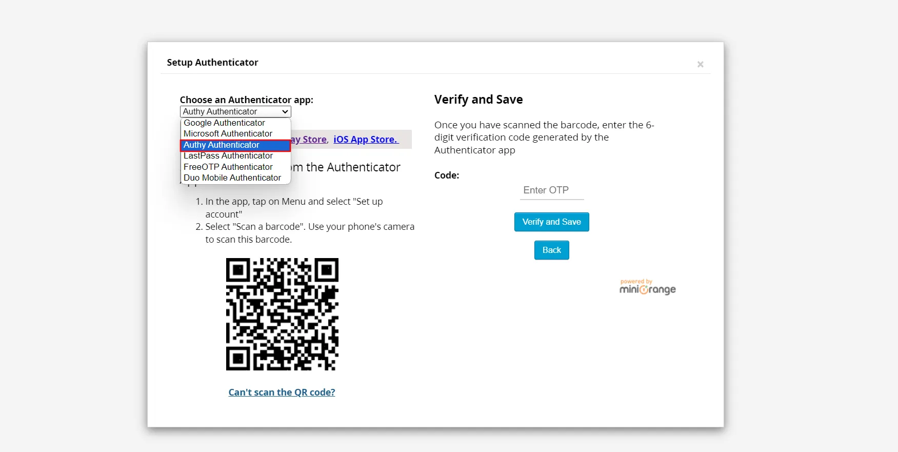 WordPress Authy Authenticator - select Authenticator app