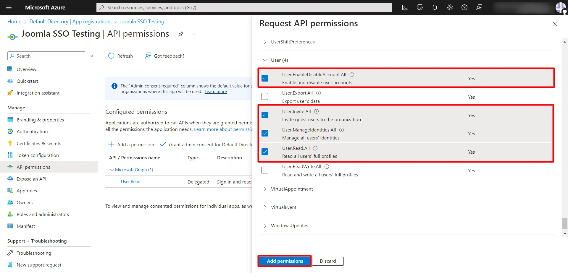 Azure AD user sync with
      Joomla - permissions