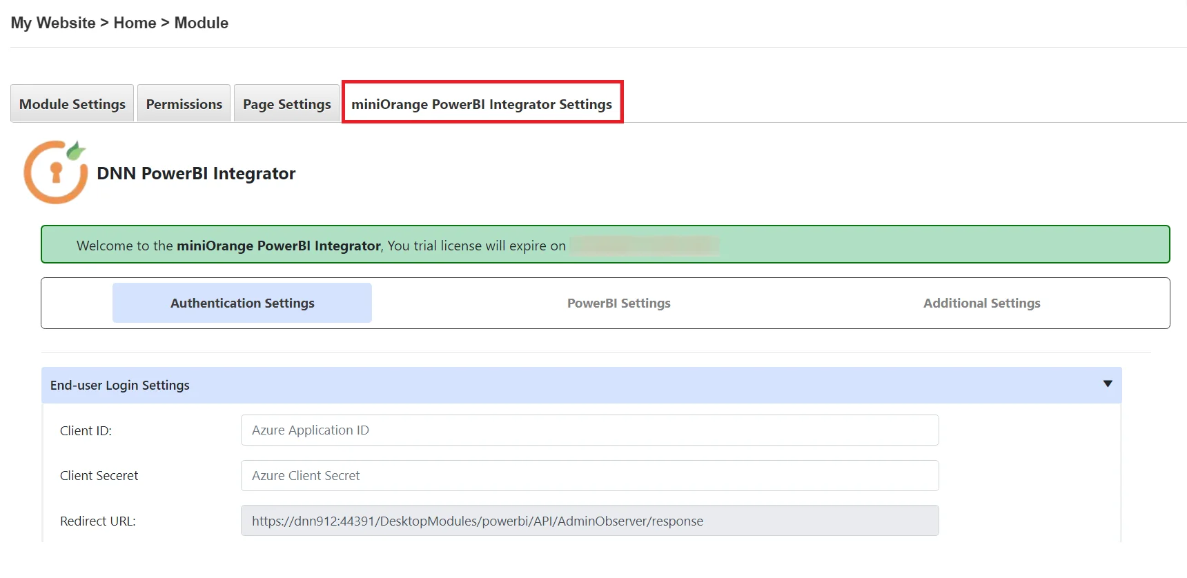 DNN PowerBI Embed with row level security | miniorange powerbi integrator settings tab