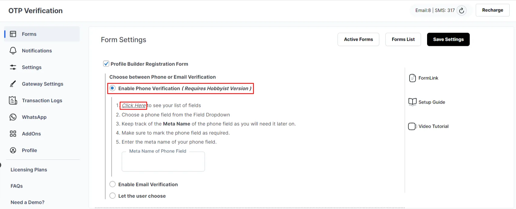 Profile Builder Registration Forms - enable phone verification