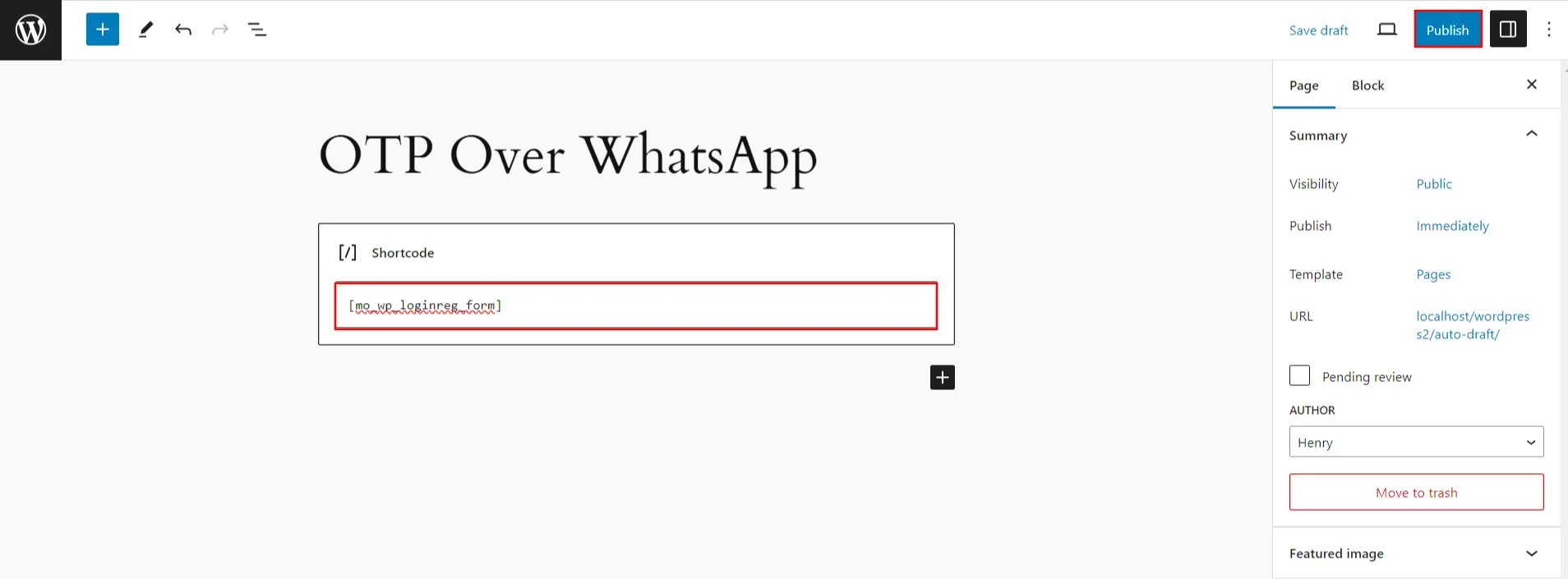 OTP を使用した WhatsApp ログイン - 公開ボタンをクリックします