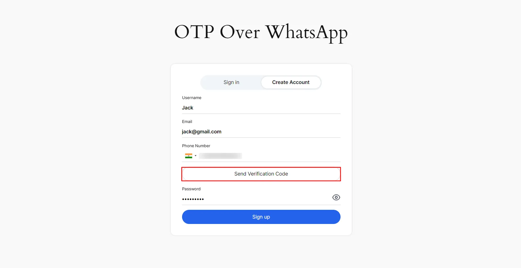 WhatsApp-Anmeldung mit OTP – klicken Sie auf „Bestätigungscode senden“.