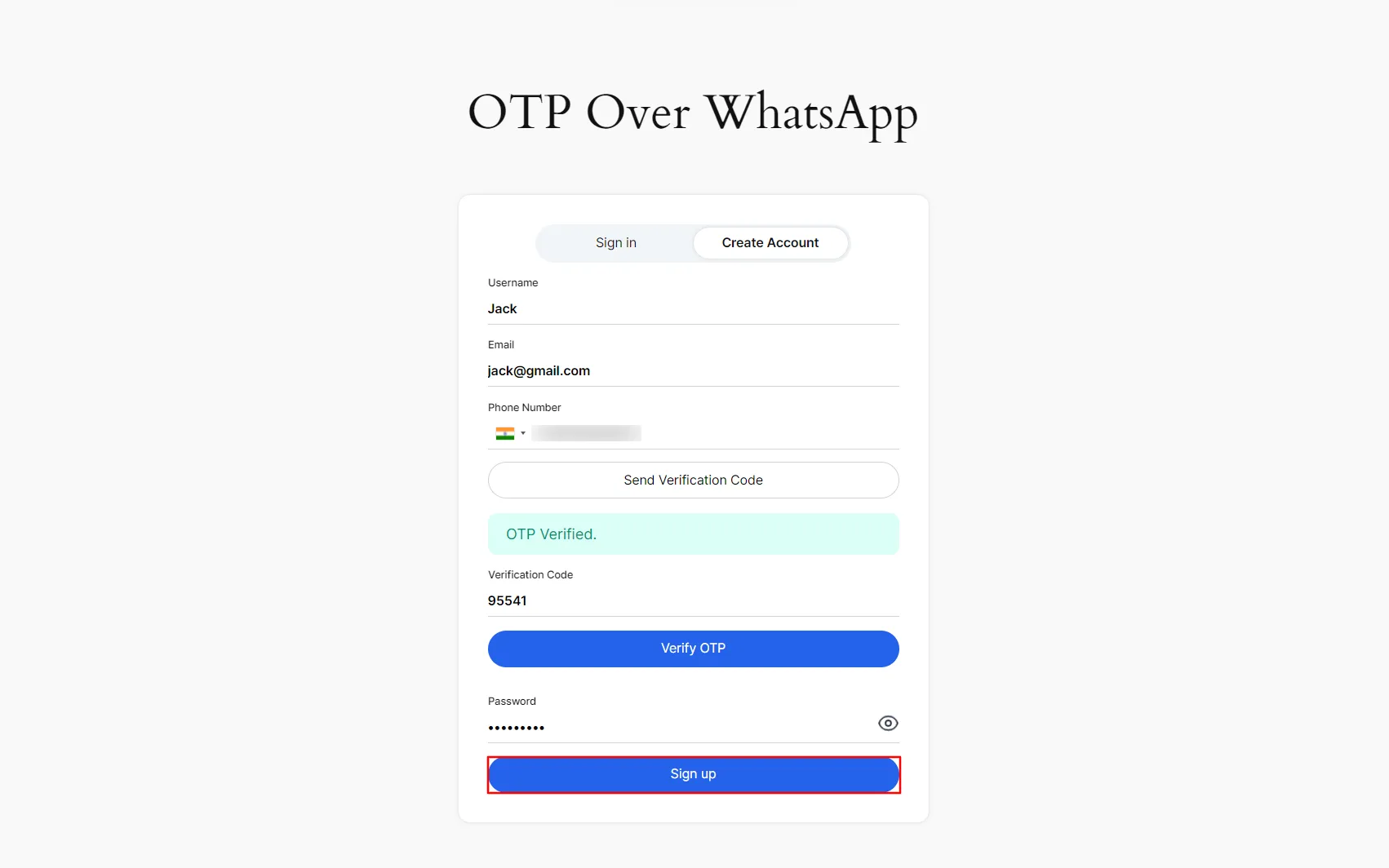 WhatsApp Login with OTP - Click Sign up
