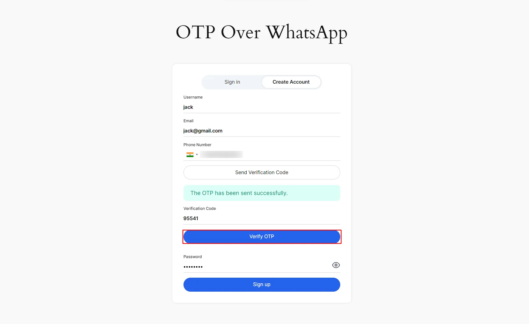 WhatsApp Logga in med OTP - Klicka på verifiera otp