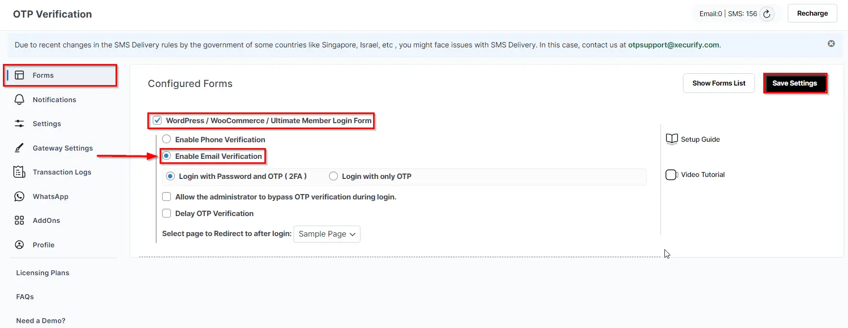WordPress default login with OTP Verification - Enable enail verification option