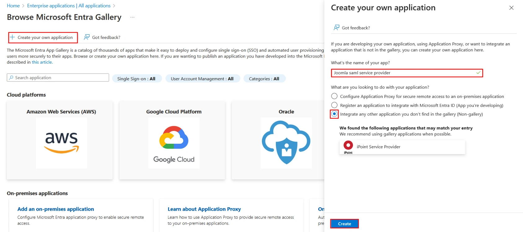 Azure AD SAML Single Sign-On SSO dans Joomla, Azure Active Directory SSO - Ajouter une application hors galerie