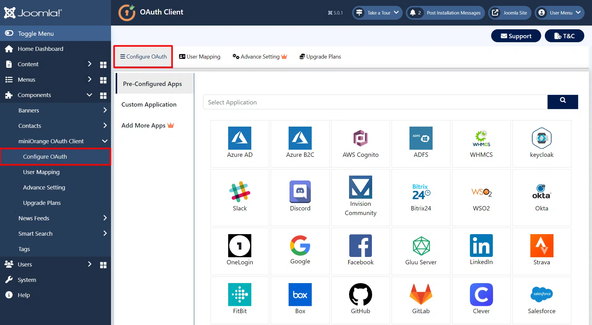 Microsoft Intra ID OAuth SSO into Joomla - Select your OAuth Provider