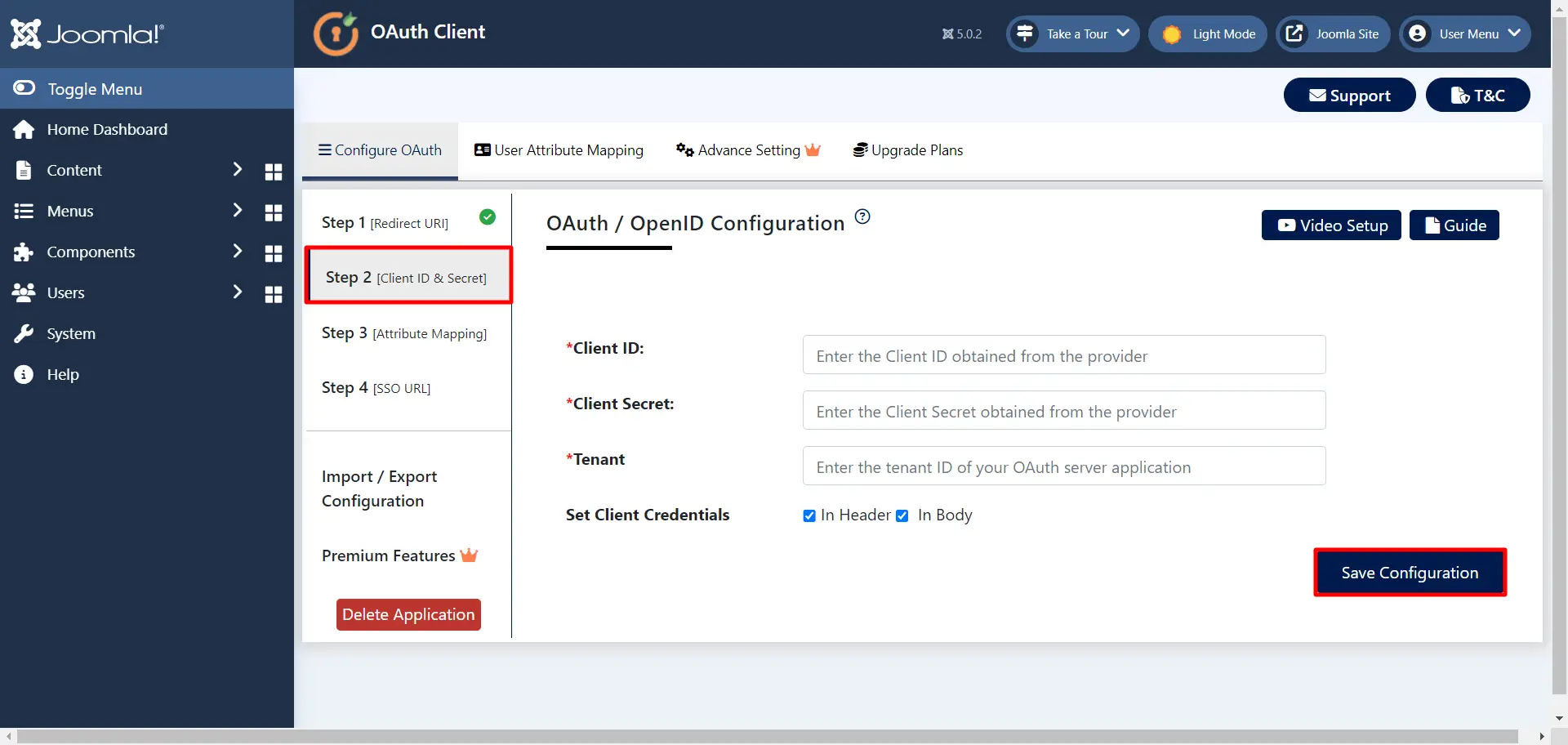 Schoology OAuth Single Sign-On SSO into Joomla - Save Configuration