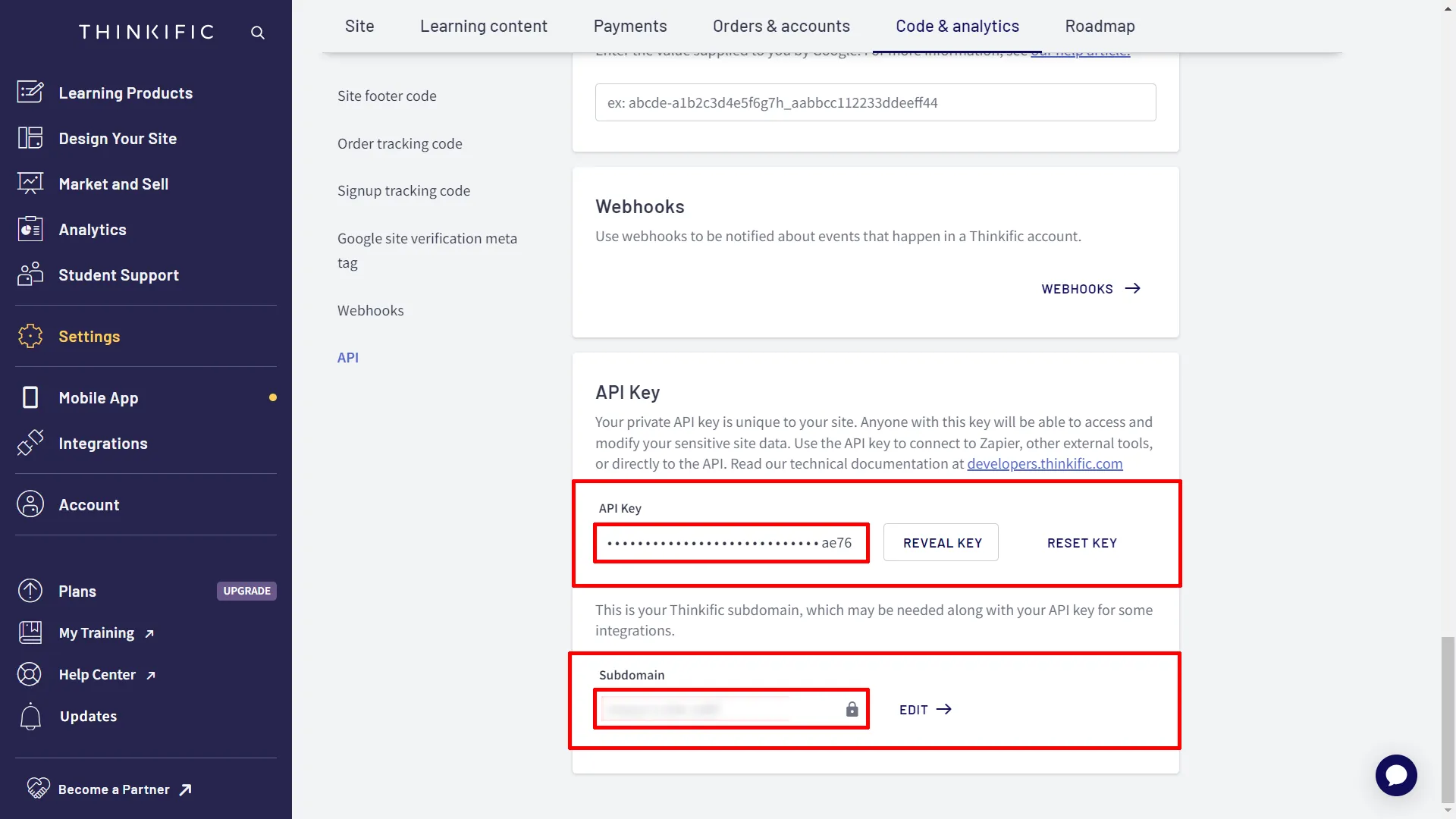 Shopify Thinkific Integration Guide - Connect Shopify with Thinkific - copy API key and subdomain