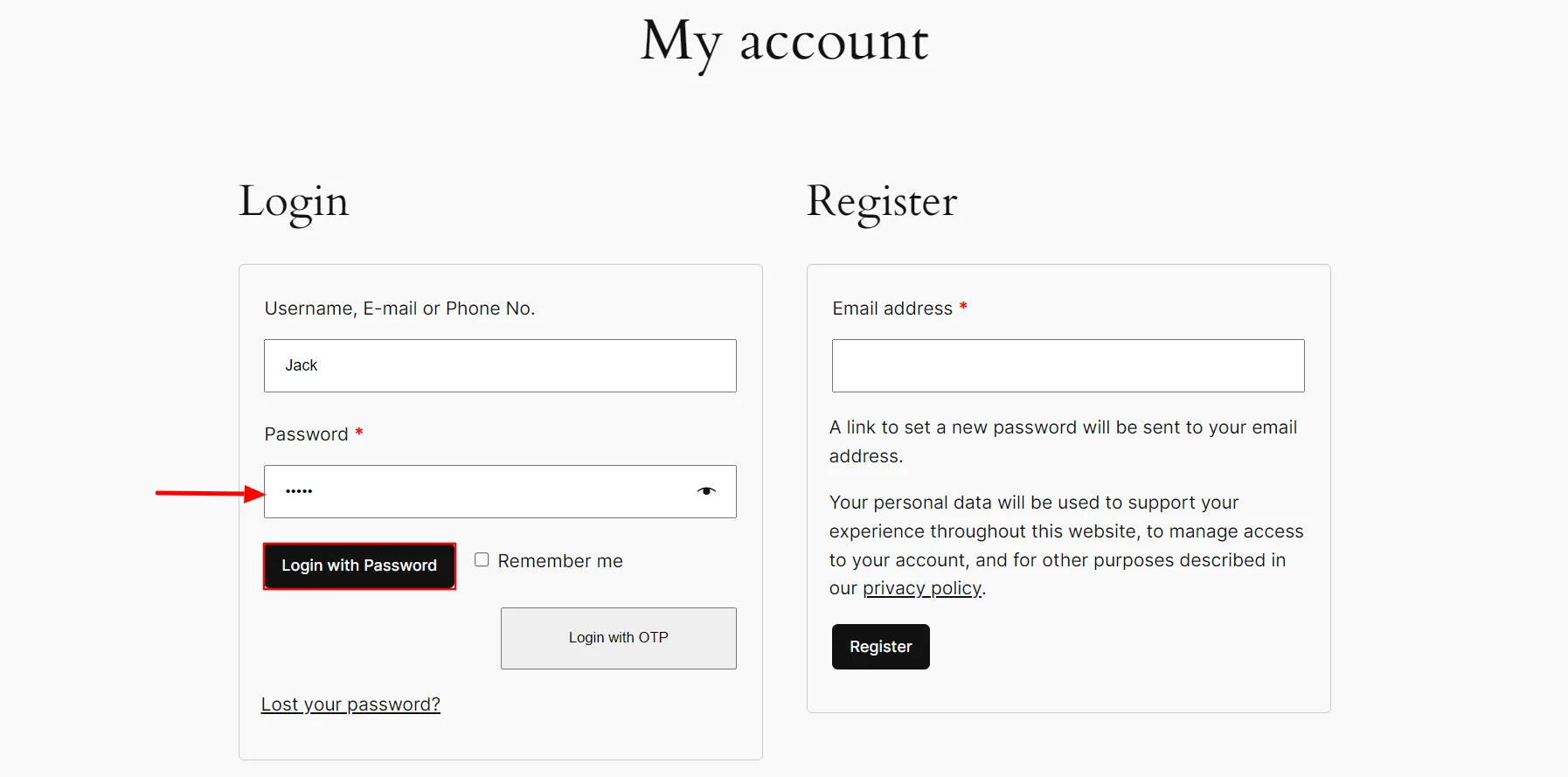 WooCommerce login with OTP - Enter Password