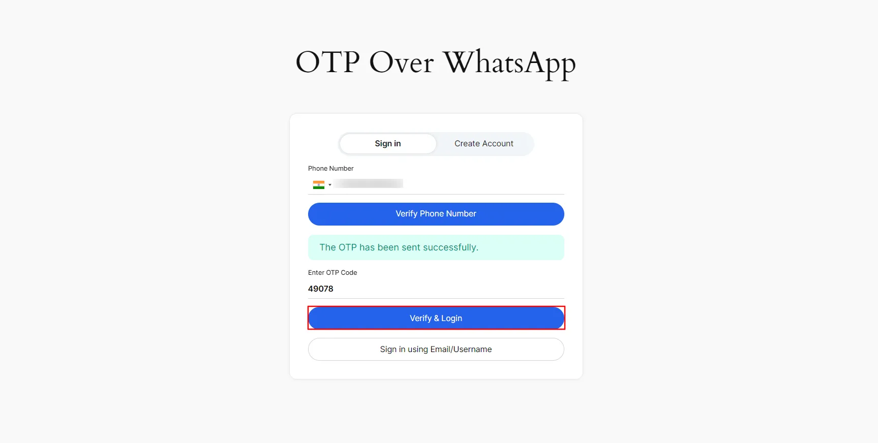WhatsApp Login with OTP - Enter valid code