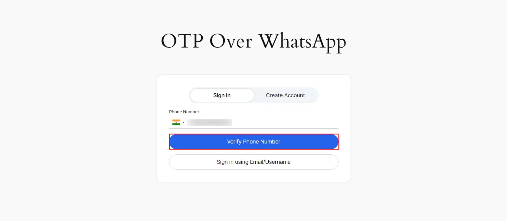 WhatsApp Login with OTP - Enter phone number