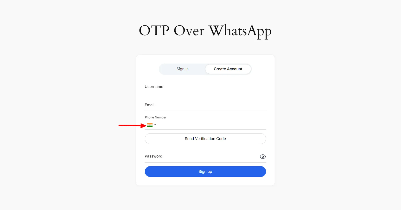 WhatsApp-Anmeldung mit OTP – Dropdown-Liste mit Ländercodes