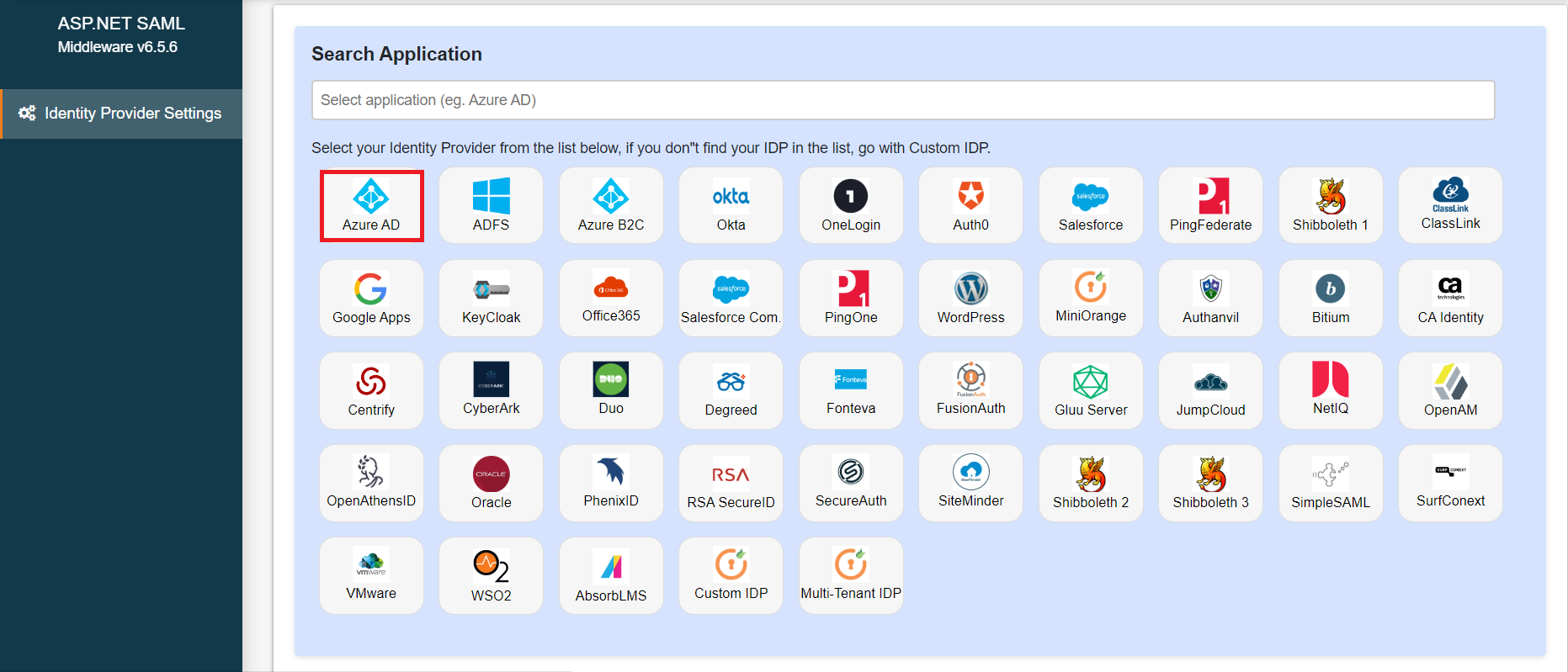 Azure AD (Microsoft Entra ID) を IDP として使用する ASP.NET Core SAML シングル サインオン (SSO) - ID プロバイダーとして Azure AD を選択します