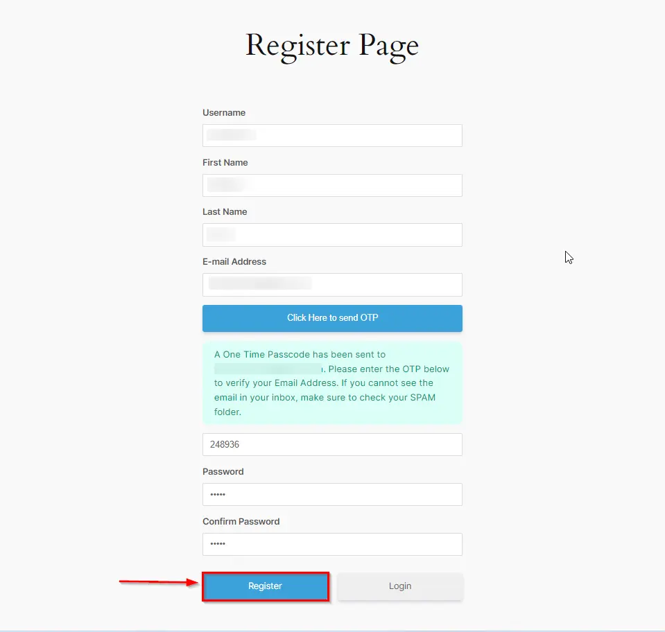 Paid Membership Pro Registration Form - Add Enter the OTP here field