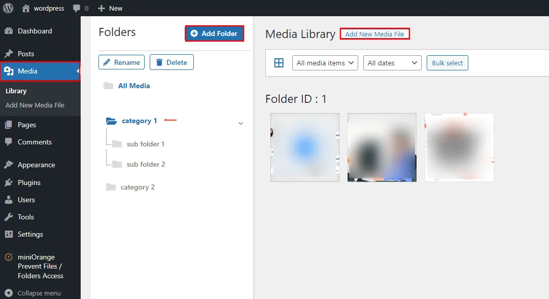 WordPress Prevent file acccess plugin - Create Folder to upload media files