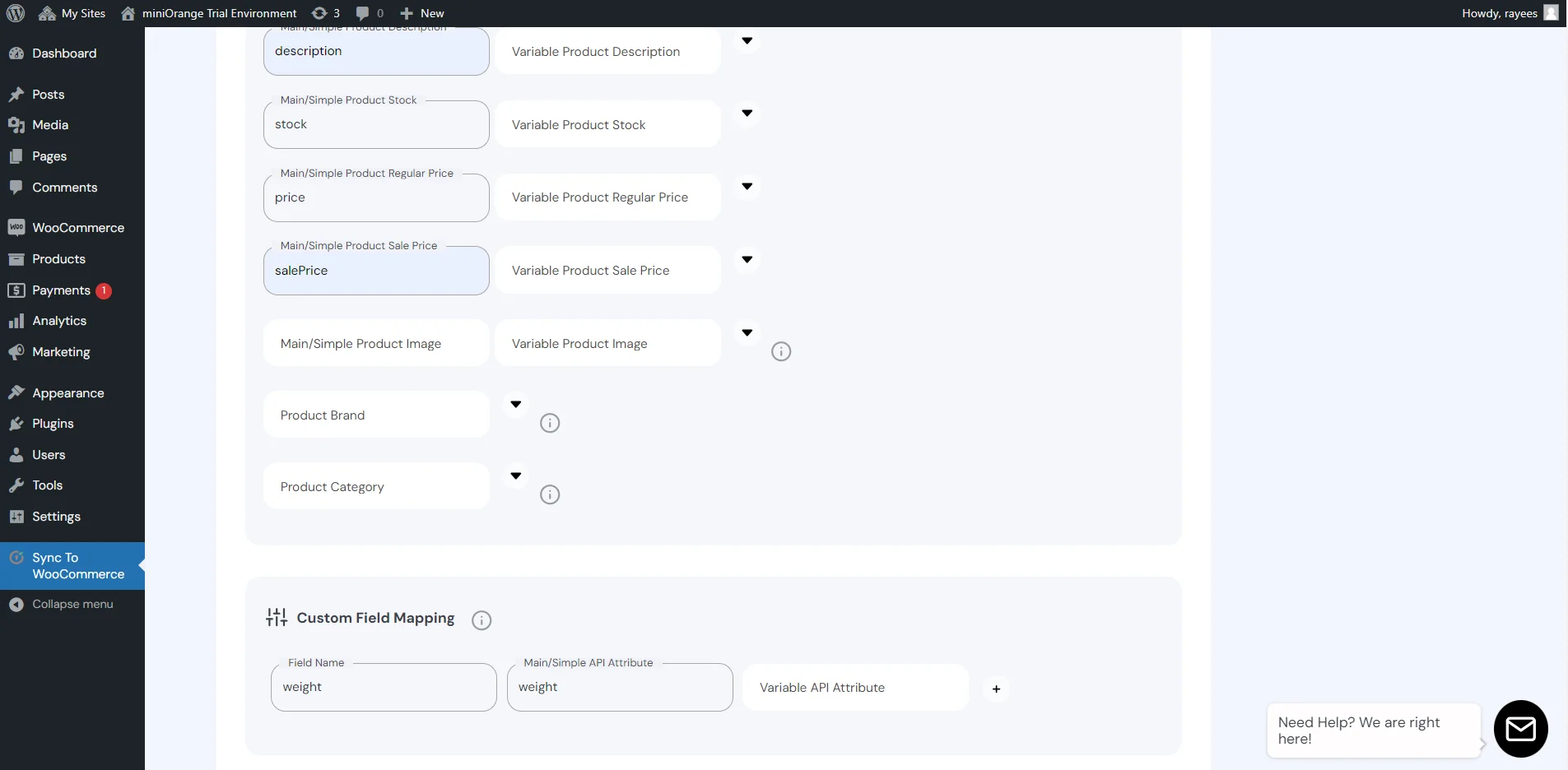 Configure WooCommerce Product Sync - Custom field mapping