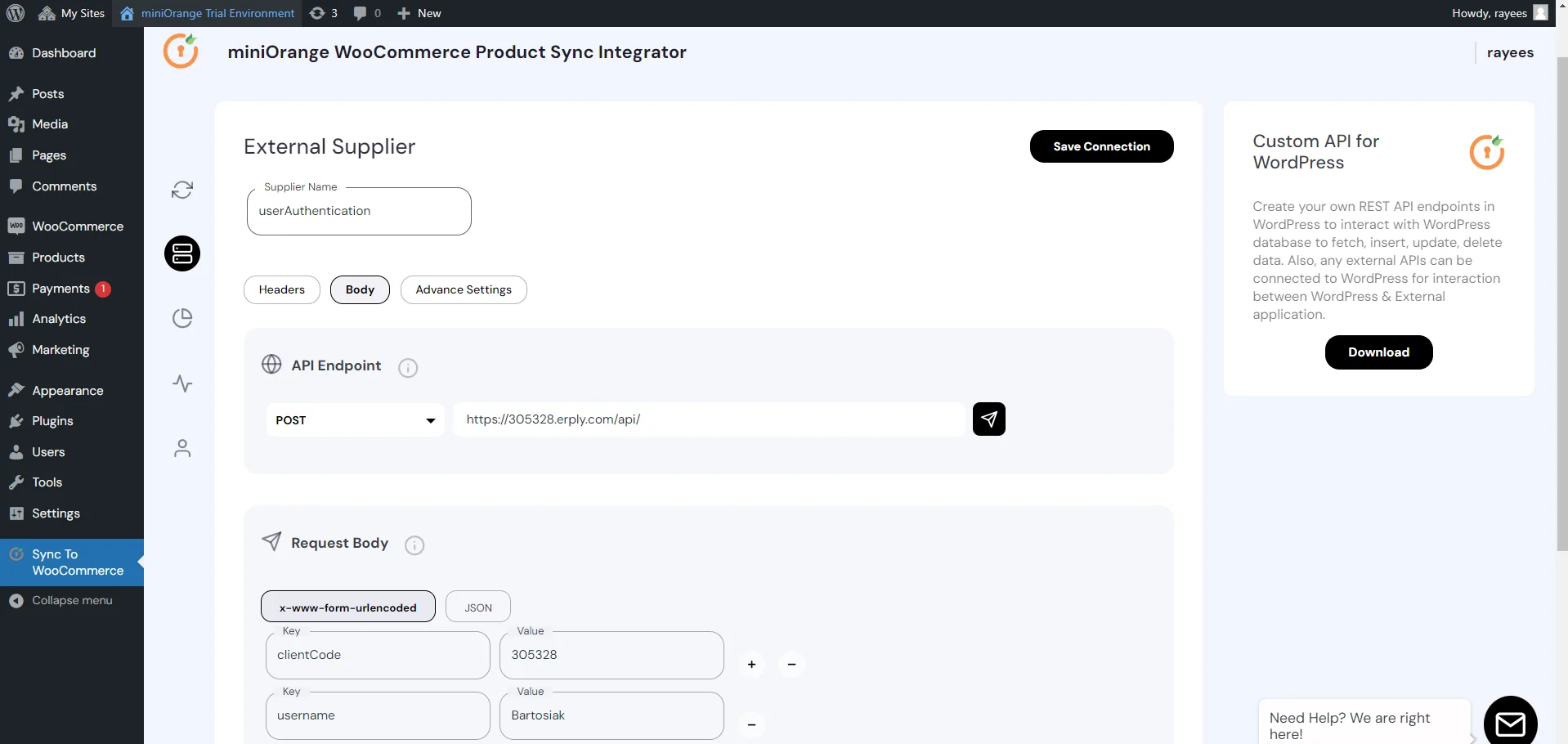 Configure WooCommerce Product Sync - External supplier API endpoint