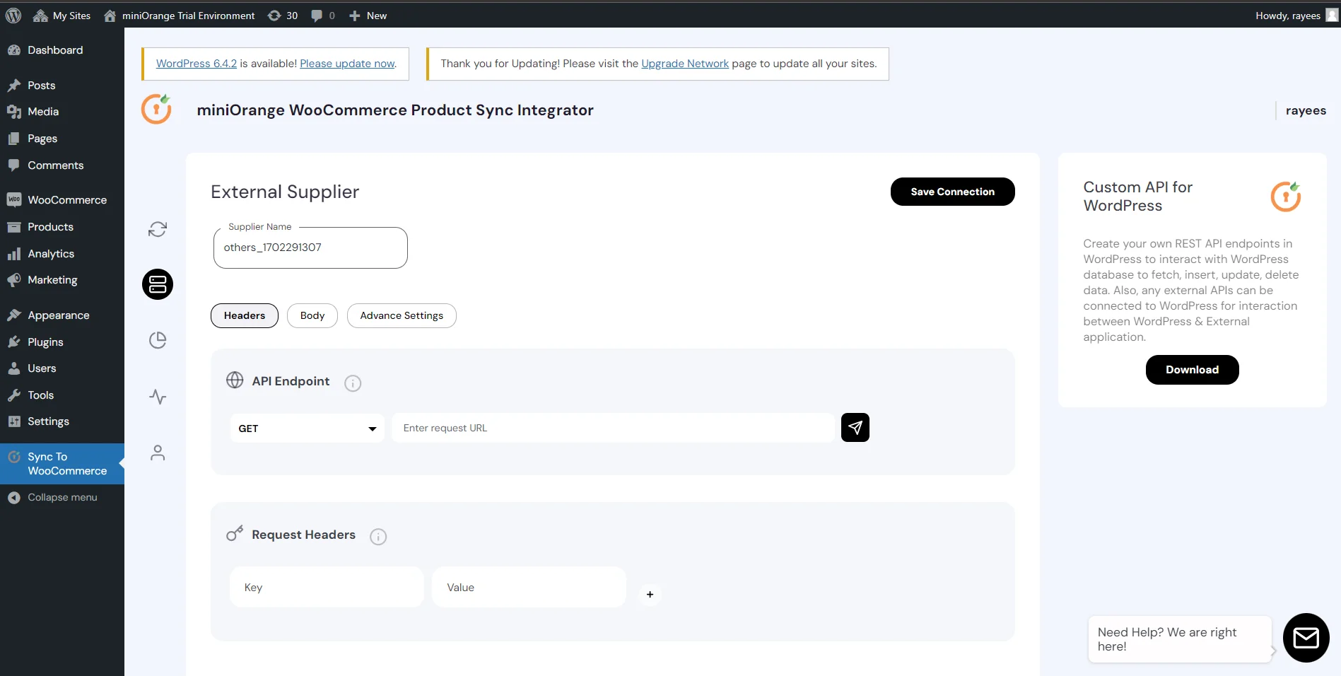 Configure WooCommerce Product Sync - Header data and API endpoint
