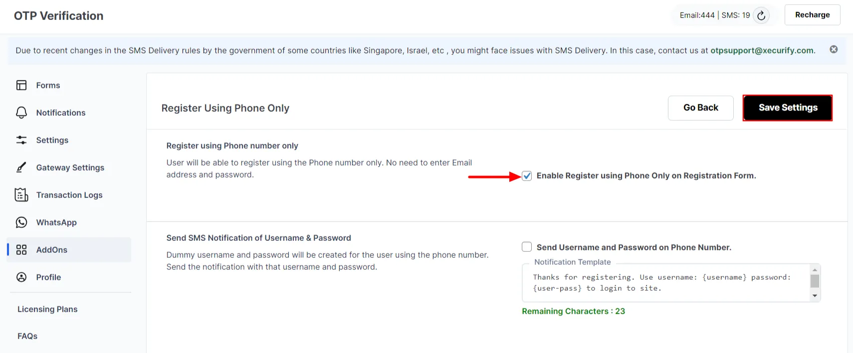 Register Using Phone number - Click save settings button