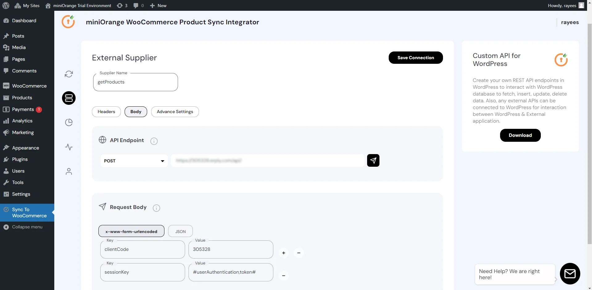 Configure WooCommerce Product Sync - Request body data
