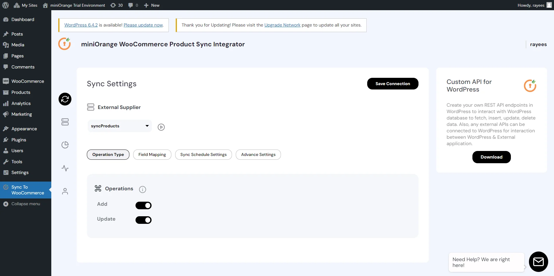 Configure WooCommerce Product Sync - Sync settings operation type