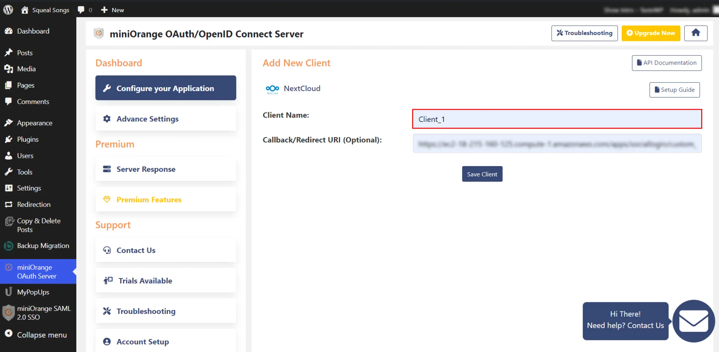 Serveur OAuth Single Sign-On (SSO) WordPress - Ajouter le nom du client et l'URI de redirection
