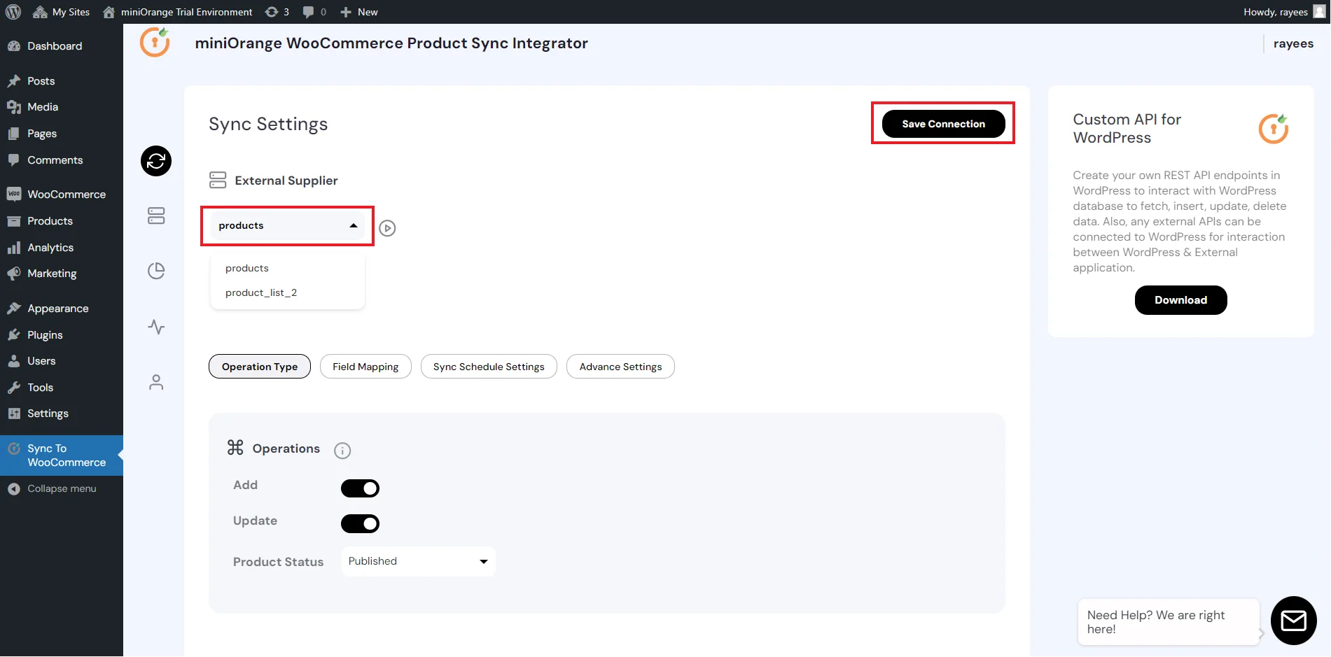 Configure WooCommerce Product Sync - Select the new external connection