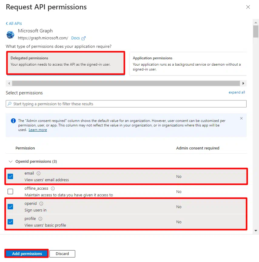 Joomla への Microsoft Entra ID OAuth シングル サインオン SSO - API 権限のリクエスト