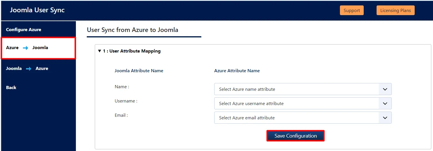 Azure AD ユーザーと Joomla の同期 - ユーザー属性マッピング
