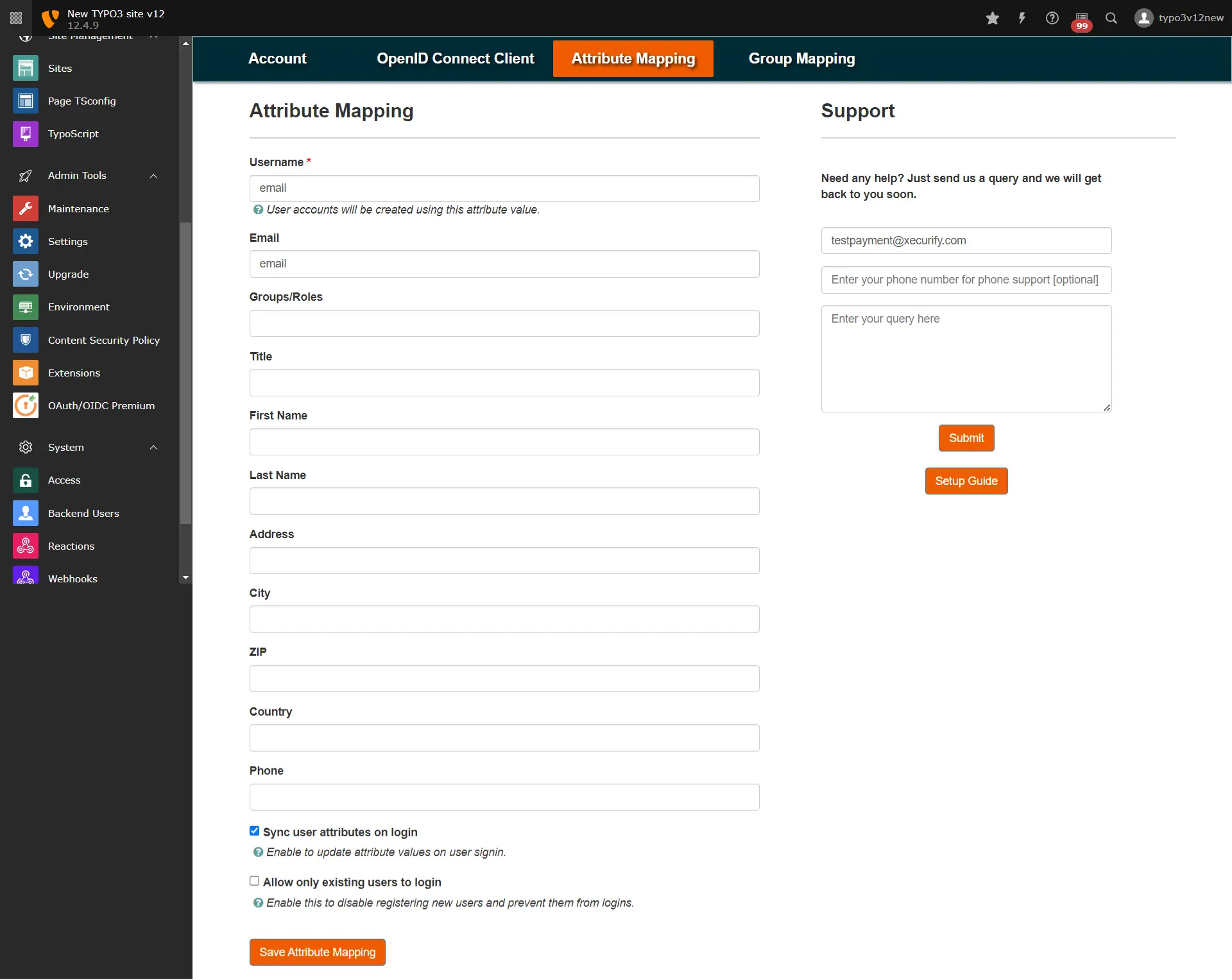 Typo3 OAuth attribute mapping Typo3 SSO