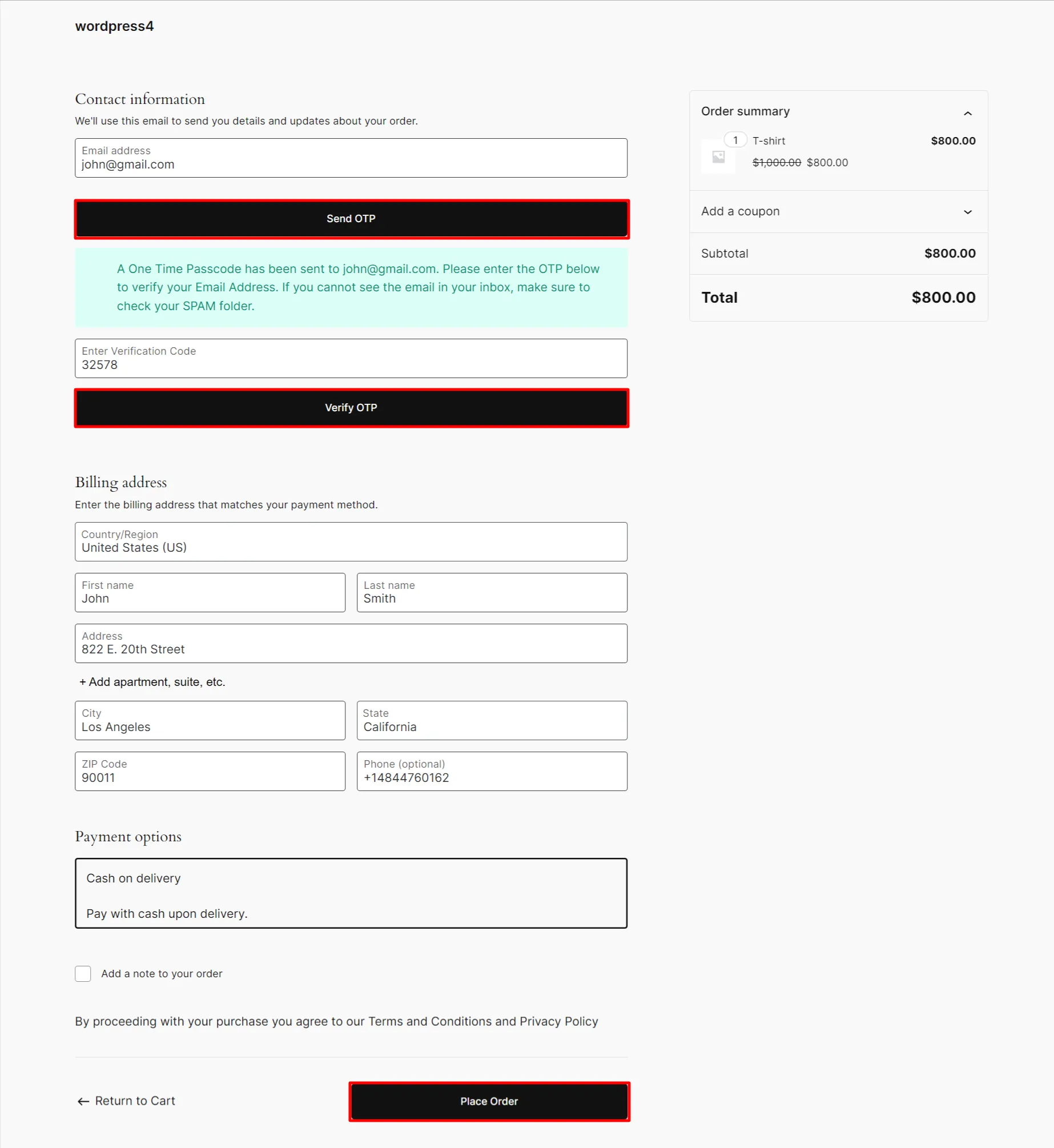WooCommerce Checkout Form OTP - CLick Verifiy your Purchase
