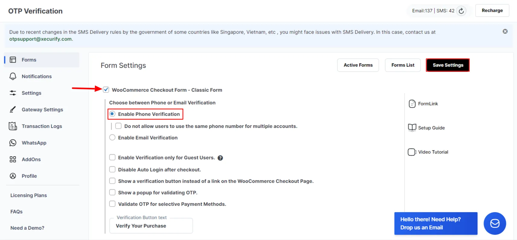WooCommerce Checkout Form OTP - Enable Phone Verification method