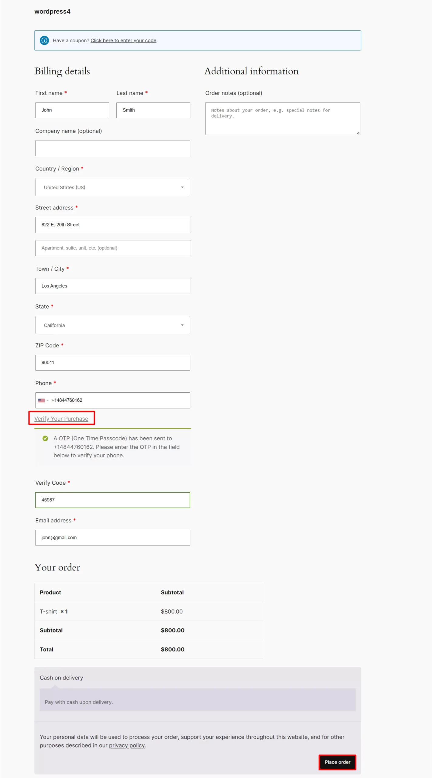 WooCommerce Checkout Form OTP - click place order button