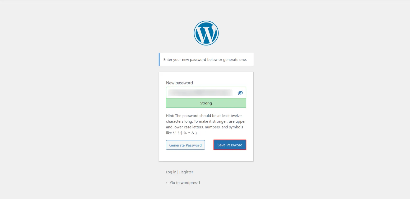 Réinitialisation du mot de passe WordPress - Entrez un nouveau mot de passe