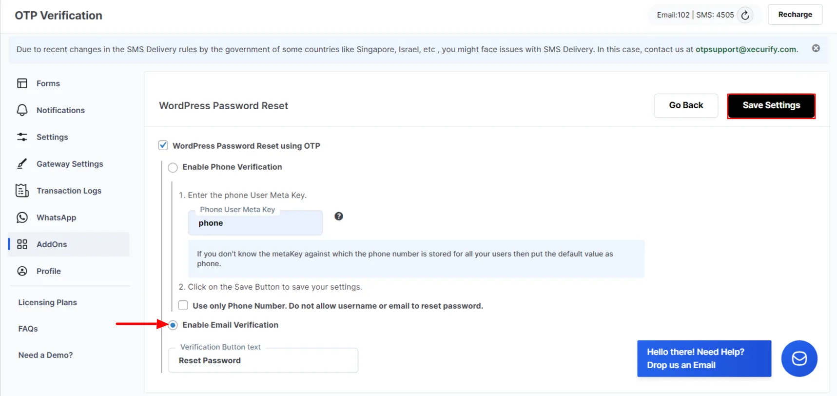 Reset Password OTP - Enable Email Verification