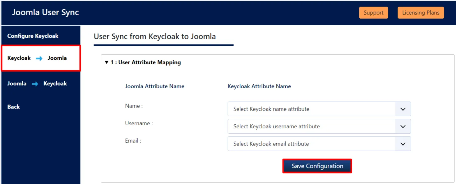 Keycloak user sync with Joomla - User Attribute Mapping
