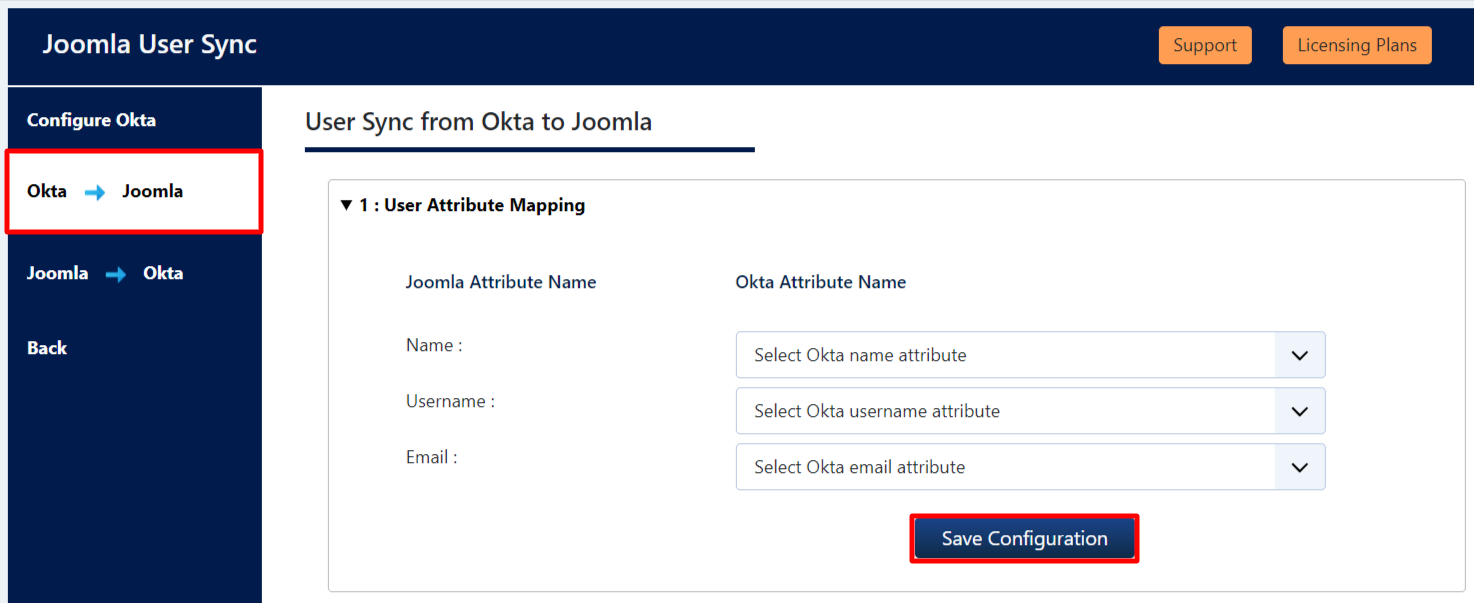 Okta ユーザーと Joomla の同期 - ユーザー属性マッピング