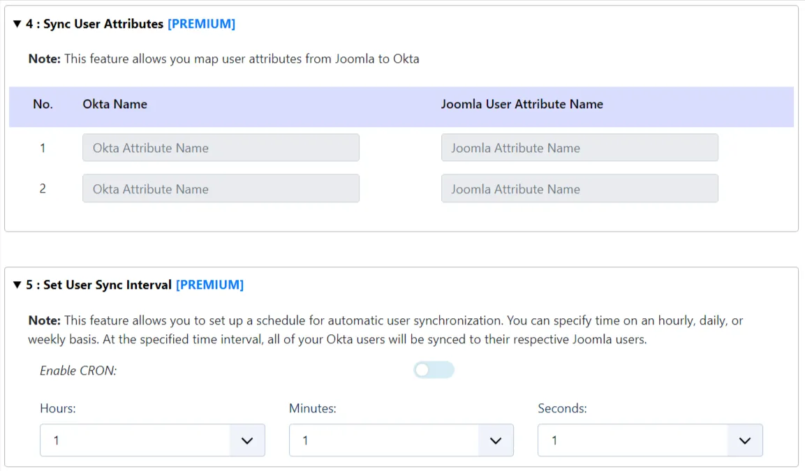 Joomla와 Okta 사용자 동기화 - 속성 설정