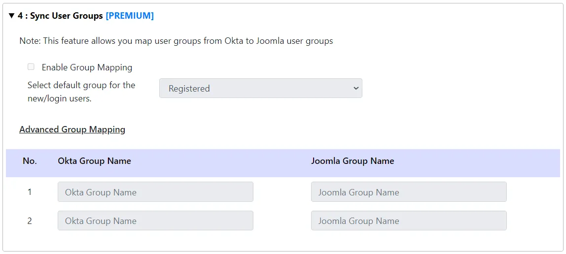 Okta ユーザーと Joomla の同期 - 同期グループ