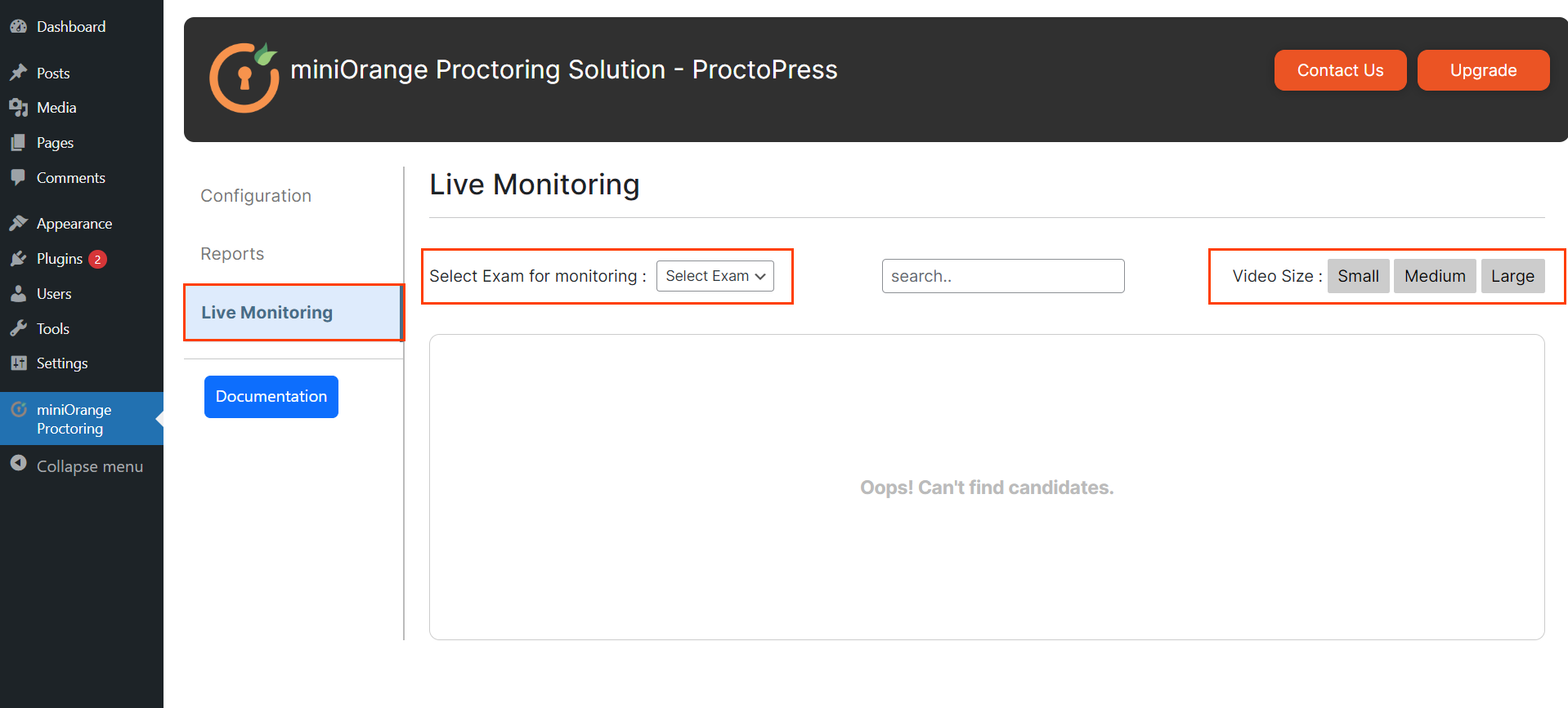 ProctoPress examen/quiz proctoring, Live Candidate monitoring