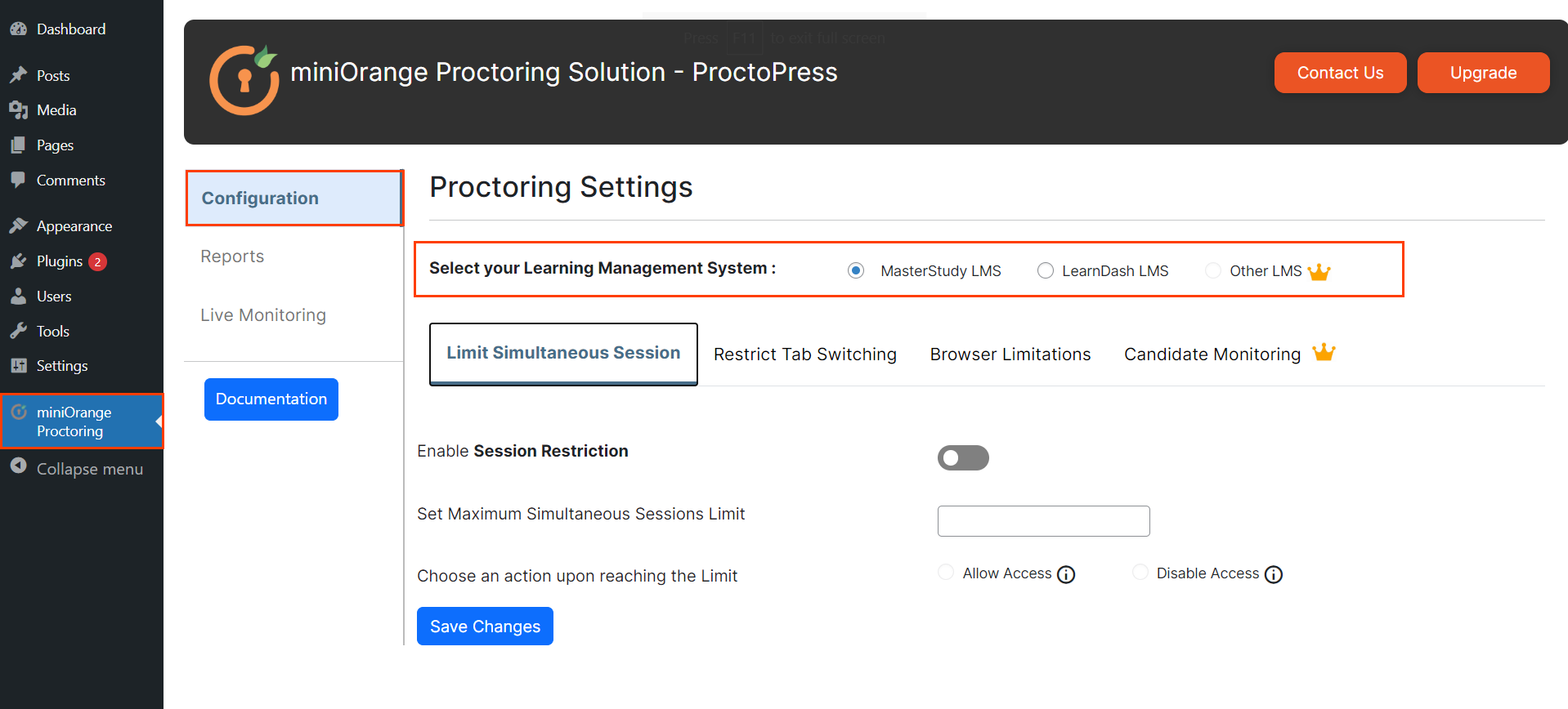 ProctoPress オンライン試験/クイズ監督設定で受験者の同時セッションを制限