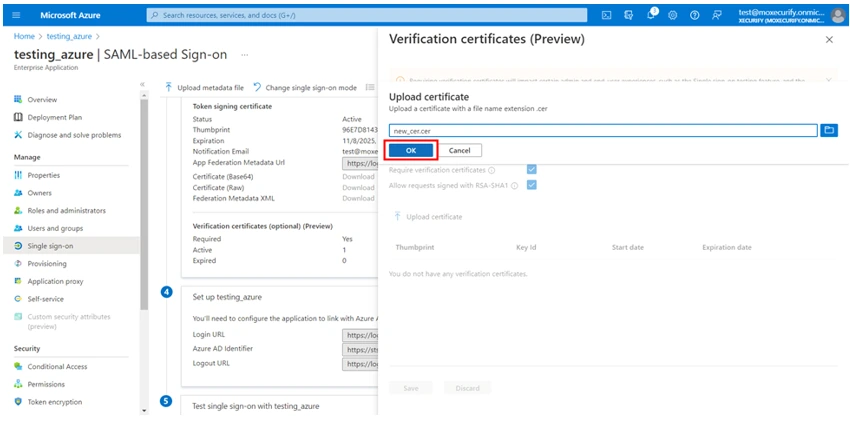 Verification certificates save | Azure AD WordPress SSO configuration