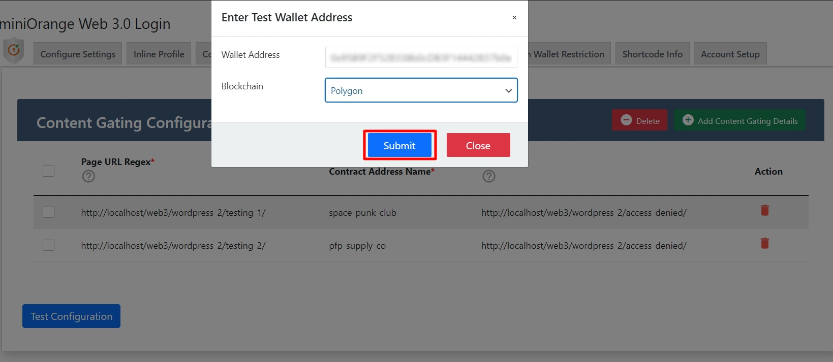 WP Web3- NFT Token Gating click on submit button